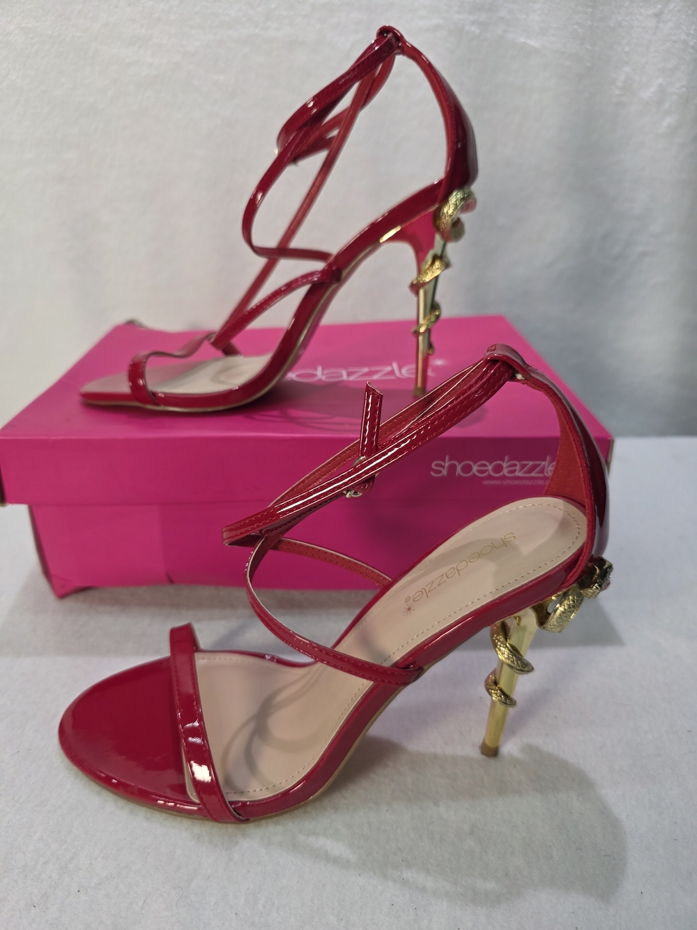 Shoe Dazzle Red Patent Strappy High Heel Sandals Gold Snake Shaped Stiletto NEW